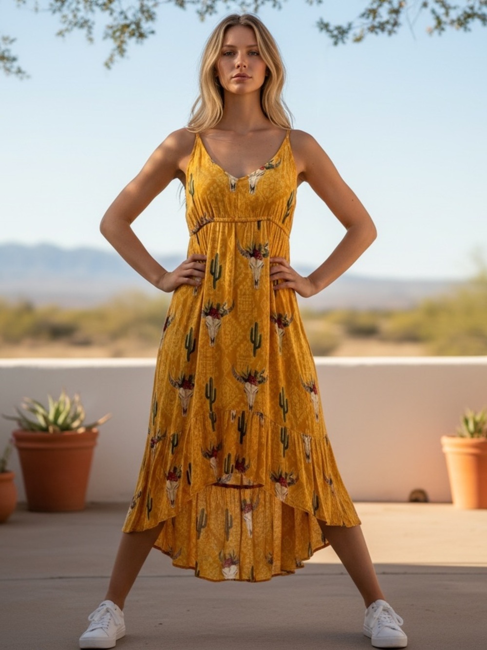 Rockin’C Cactus Print Yellow Sun Dress